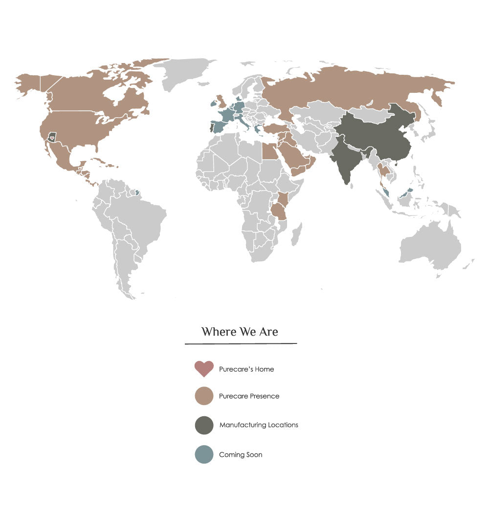 Image of a world map with various locations color-coded showcasing Purecare's presence around the globe