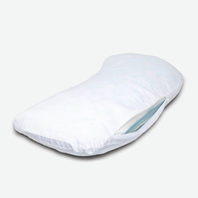 Image of the Refreshing Crescent Pillowcase on the Cooling Crescent Pillow with the back zipper open 