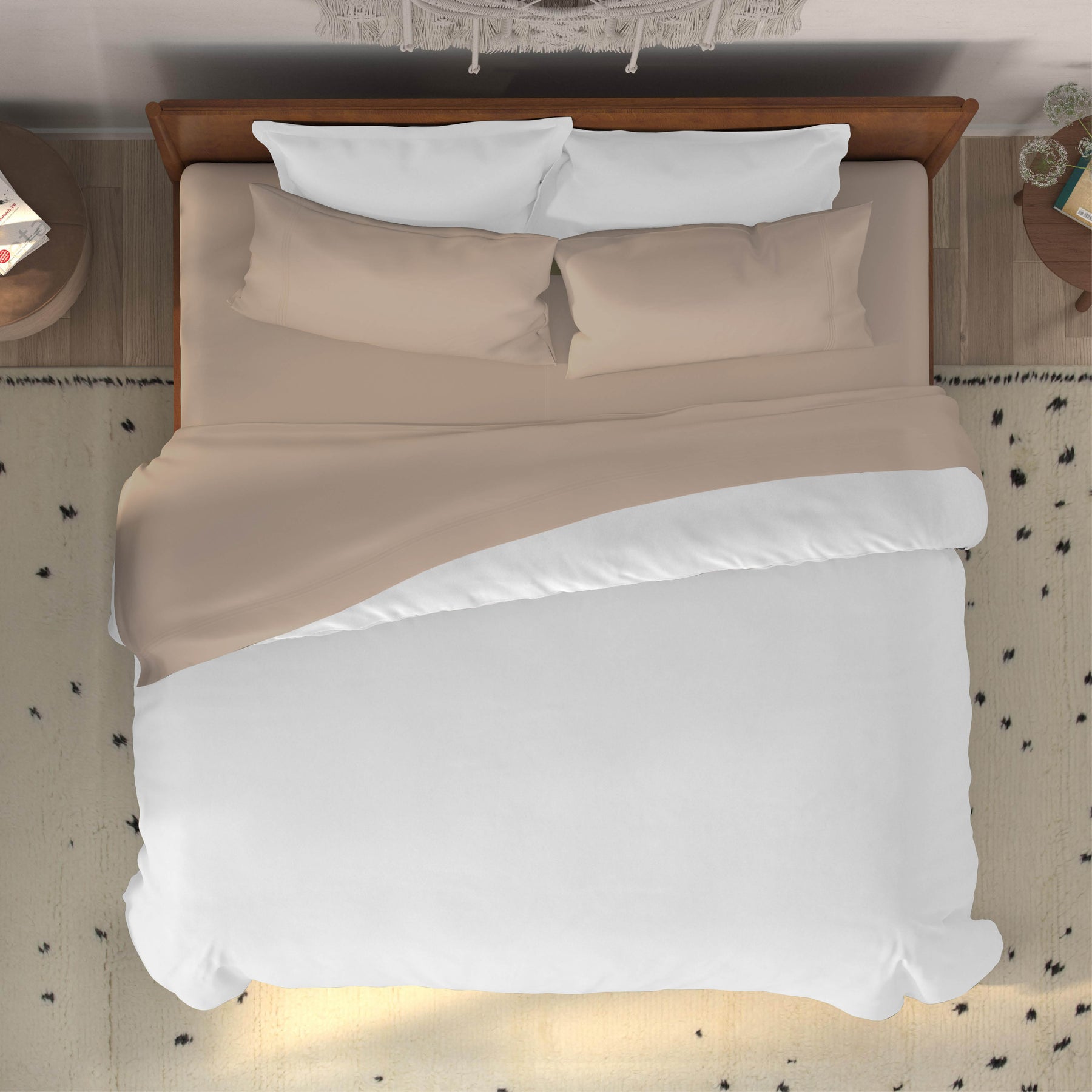 Top-down image of a dressed bed with Sand Bamboo Rayon Sheets and a white duvet cover 