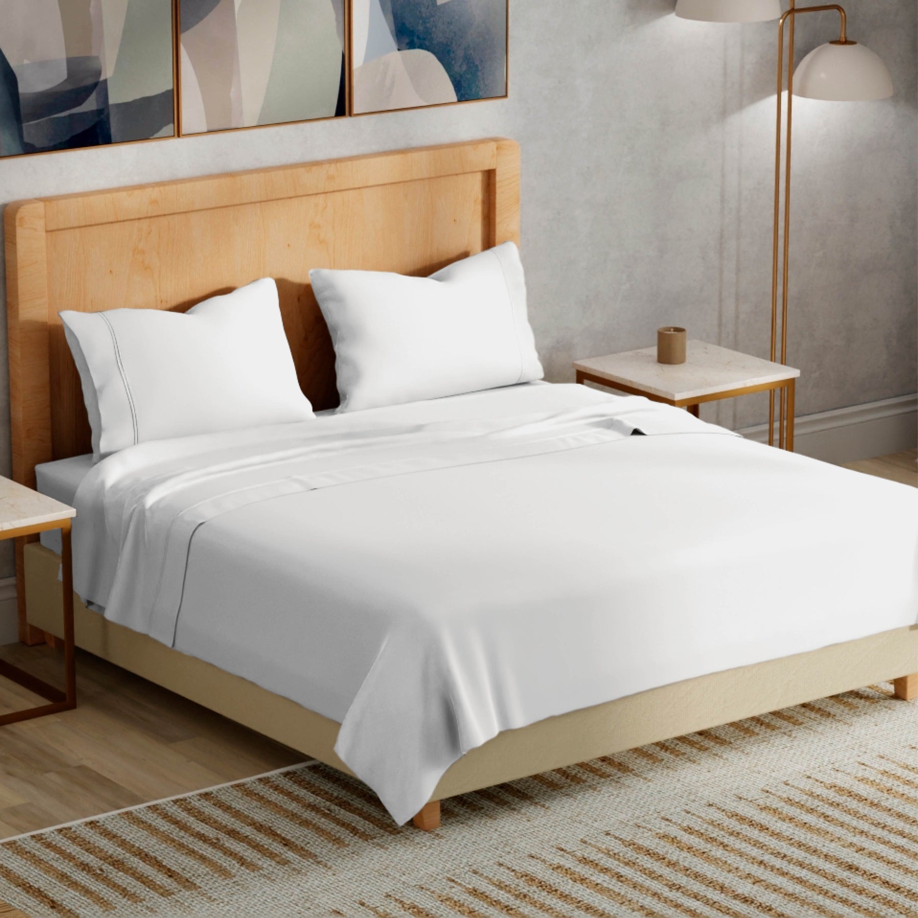 Image of a bedroom with a dressed bed with White Refreshing TENCEL™ Lyocell Sheets 