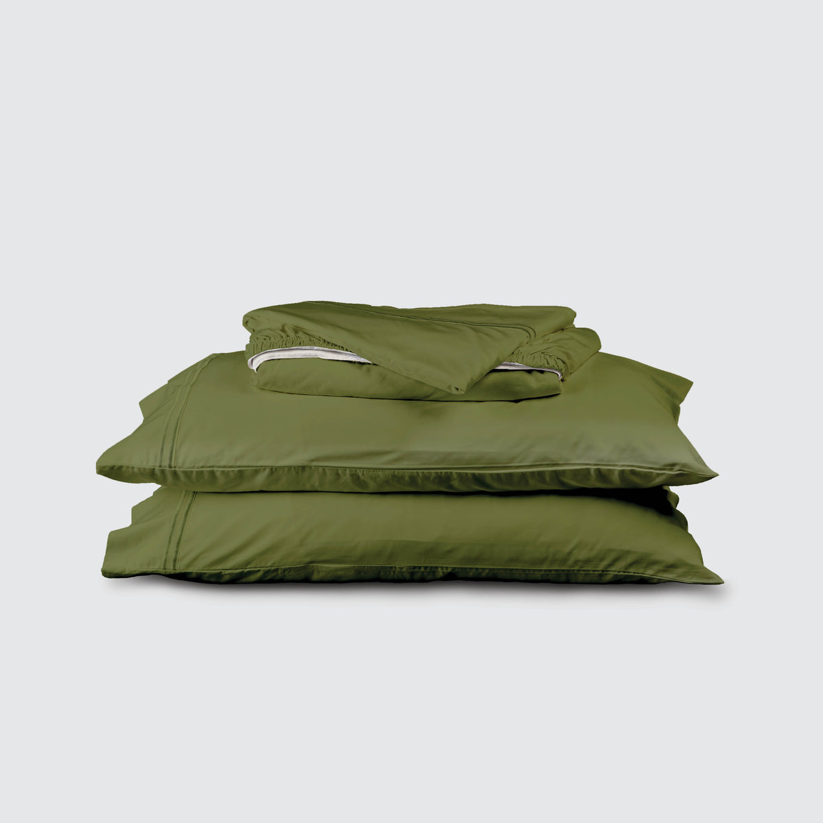 Image of Moss Soft Touch TENCEL™ Modal Sheet Set stacked top to bottom: Flat Sheet, Fitted Sheet, 2 Pillowcases