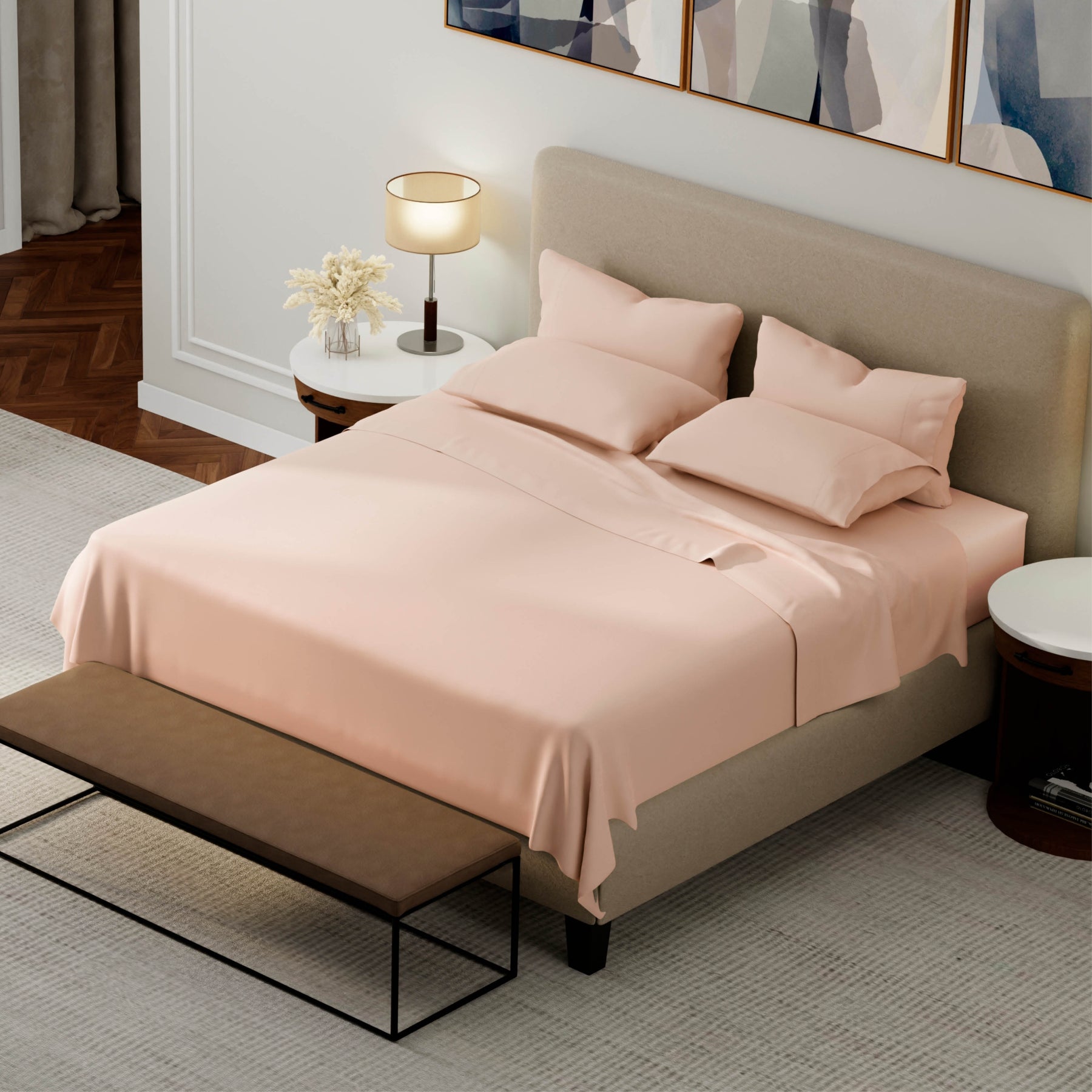 Top-down image of a bedroom with a dressed bed with Blush Pink Weightless Cotton Sheets and Pillowcases